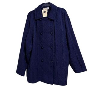 Boyne Valley Weavers L Navy Blue Wool Cable Knit Pea Coat Irish Classic Ireland